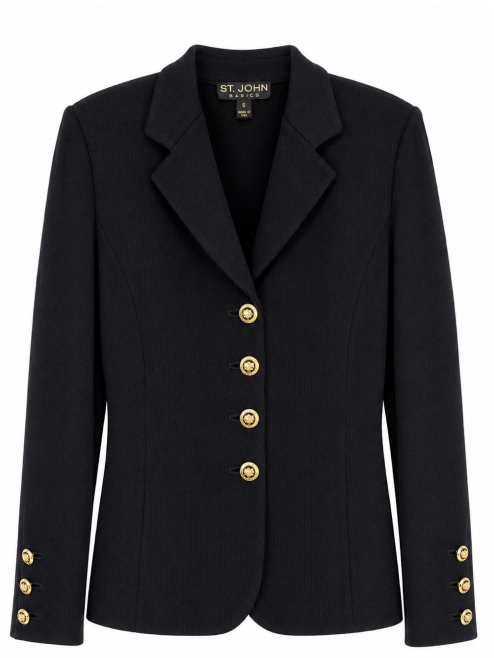 St. John Basics Black Knit Blazer Gold Logo Button Jacket & Skirt Size 8